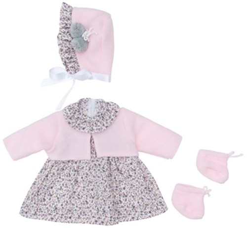 ASI DREAMS Doll Clothing - Flowered Dress With Pink Jacket And Bonnet