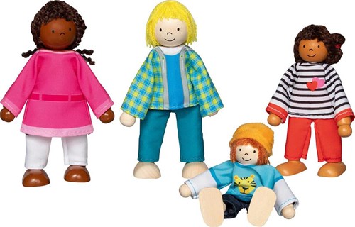 Goki Puppenhaus Flexibele Biegepuppen interkulturelle Familie 4 Stück Holzspielzeug