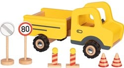 Goki Holz Baustellenfahrzeug Spielzeugauto mit Verkehrsschildern 7-teilig