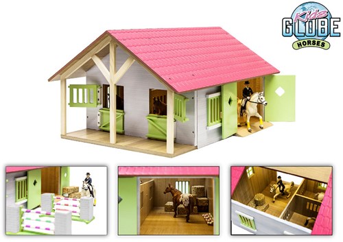 Pferdestall Holzspielzeug rosa mit 2 Boxen und Lagerraum - Maßstab 1:24