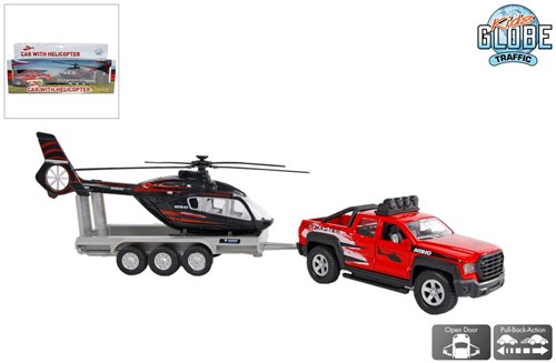 Die Cast Geländewagen Spielzeugauto mit Hubschrauber und Anhänger 35cm rot