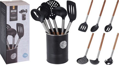 7-teiliges Küchenutensilien Set schwarz Bambus Küchenhelfer Halter Planet Happy DE