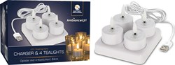 Oplaadbare LED Teelicht Set 4 Stück mit Ladegerät weiß Dekoration