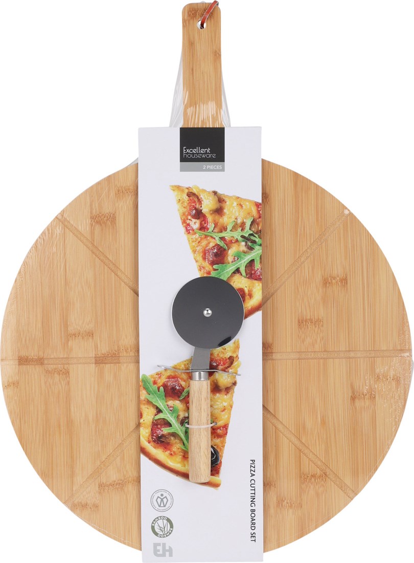 Pizza Schneidebrett Bambus Set mit Pizzaschneider - Servierplatte rund 38  cm Planet Happy DE
