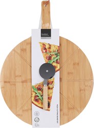Pizza Schneidebrett Bambus Set mit Pizzaschneider - Servierplatte rund 38 cm