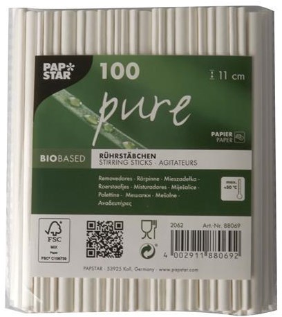 100 Roerstaafjes papier "pure" 11cm wit