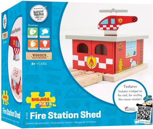 Bigjigs Holz Eisenbahnset Feuerwehrstation mit Helikopterlandeplatz-3