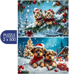 Alipson Puzzle Weihnachts-Puzzle 2-in-1 Katzen und Hunde 500 Teile