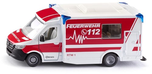 siku 2115, Mercedes-Benz Sprinter Miesen Typ C Rettungswagen, 1:50, Metall/Kunststoff, Rot/Weiß, Abnehmbares Dach, Inkl. Trage und Spineboard