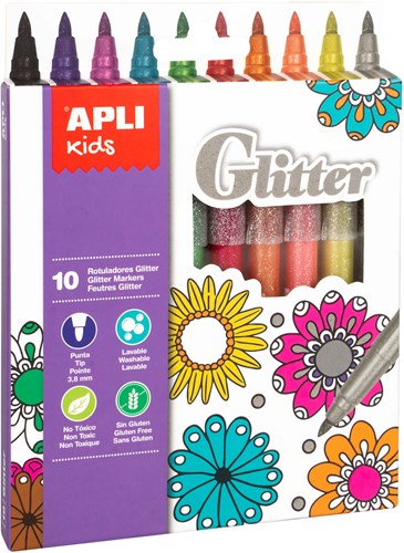 APLI Kids Glitzer Stifte - 10 bunte Glitzer Marker für Kinder