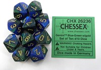 Chessex Gemini Blau-Grün/Gold D10 Würfelset 10 Stück