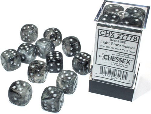 Chessex Borealis D6 16mm Leicht Rauch Silber Leuchtende Würfel Set 12 Stück