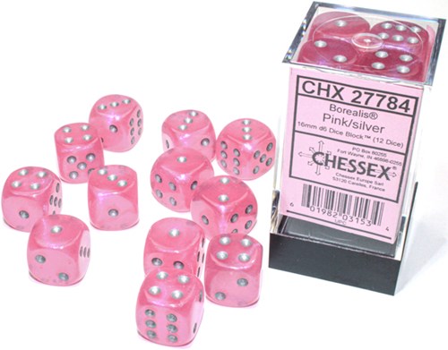 Chessex Borealis D6 16mm Rosa Silber Leuchtende Würfel Set 12 Stück
