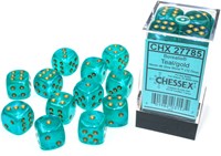 Chessex Borealis D6 16mm Blaugrün/Gold leuchtendes Würfelset (12 Stück)