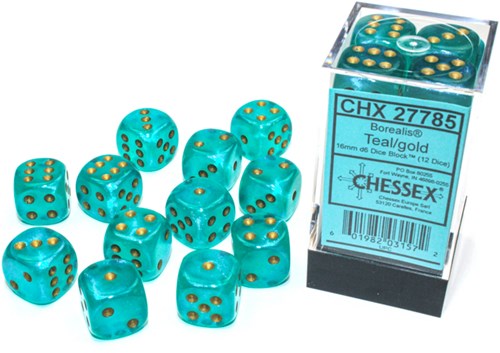 Chessex Borealis D6 16mm Blaugrün/Gold leuchtendes Würfelset (12 Stück)
