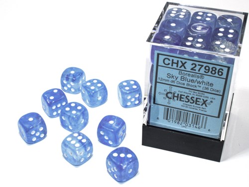 Chessex Borealis D6 12mm Himmelblau/Weiß leuchtendes Würfelset (36 Stück)