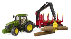 Bruder Bruder John Deere tractor 7R 350 met houtbouw aanhanger  en  4 boomstammen