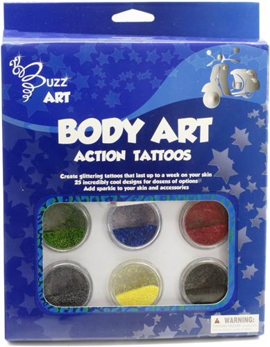 Buzz Retail Glitzer Tattoo Set mit 6 Farben und 25 Designs für Kinder