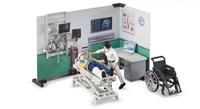 Bruder 62711 - Bworld Krankenstation, Ärztin, Patient, medizinische Ausrüstung, Büroausstatung, Wandregal, Krankenbett, Rollstuhl, Hintergrundelemente-2
