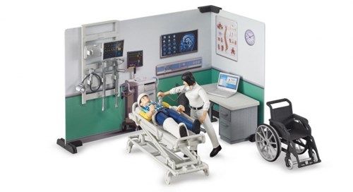 Bruder 62711 - Bworld Krankenstation, Ärztin, Patient, medizinische Ausrüstung, Büroausstatung, Wandregal, Krankenbett, Rollstuhl, Hintergrundelemente-2