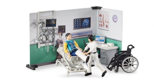 Bruder 62711 - Bworld Krankenstation, Ärztin, Patient, medizinische Ausrüstung, Büroausstatung, Wandregal, Krankenbett, Rollstuhl, Hintergrundelemente-3