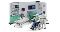 Bruder 62711 - Bworld Krankenstation, Ärztin, Patient, medizinische Ausrüstung, Büroausstatung, Wandregal, Krankenbett, Rollstuhl, Hintergrundelemente