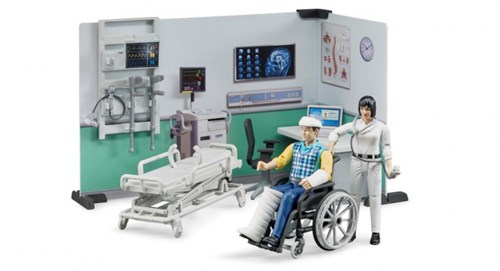 Bruder 62711 - Bworld Krankenstation, Ärztin, Patient, medizinische Ausrüstung, Büroausstatung, Wandregal, Krankenbett, Rollstuhl, Hintergrundelemente