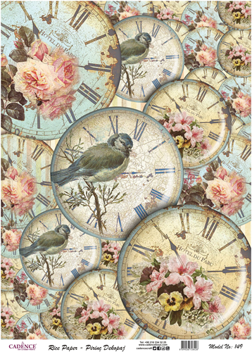 Cadence Decoupage Papier Reispapier 30x42 cm Vogel Uhren Basteln