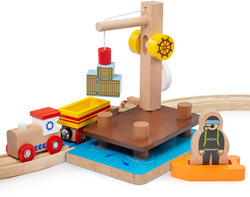 BigJigs Holz Eisenbahn Zubehör Kran-Dock, Dinghy und Taucher Spielzeug