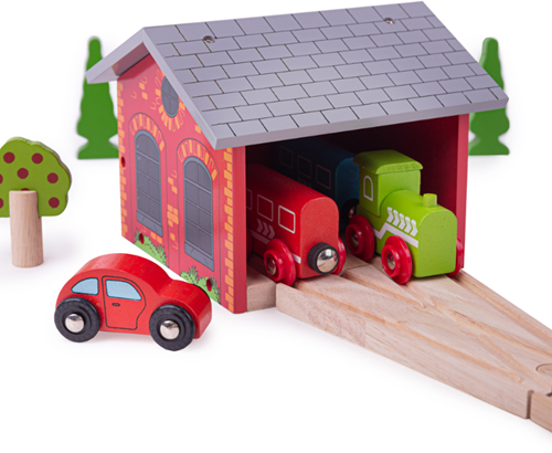 BigJigs Holz Lokschuppen für 2 Züge - Spielzeug Eisenbahn Zubehör