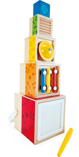 Hape Musik-Stapelwürfel | Sechsteiliges buntes Musikbox-Spielzeug aus Holz für Kinder ab 18 Monaten