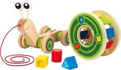 Hape Schnecke Ziehspielzeug |Preisgekrönt Kleinkind Schiebe- und Ziehspielzeug aus Holz mit abnehmbarem Schneckenhaus und buntem Formensortierer, lustiges Lernspielzeug für Kinder