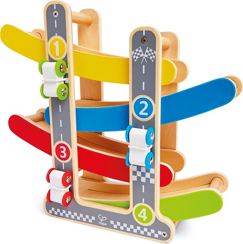 Hape E0438 Flickflack-Rennbahn, inkl. DREI Autos, Autorennbahn aus Holz, ab 18 Monate