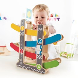 Hape Holz-Rennbahn Fast Flip mit 3 Autos - buntes Spielzeug