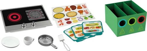 Hape E3177 47033233 Deluxe Spielküche mit Mikrowelle, Kaffeemaschine, Kühlschrank, Ofen, Herd inkl. Lustige Bratpfanne mit viel Zubehör, ab 3 Jahren, Multi