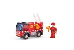 Hape Feuerwehrwagen Spielzeug mit Sirene und Leiter - Holz Feuerwehrauto