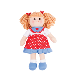 BigJigs Puppe Emily - Stoffpuppe mit rotem Tupfenkleid - Medium