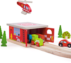 Bigjigs Holzeisenbahn - Feuerwache mit Hubschrauberlandeplatz