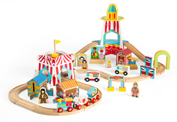 BigJigs Holz Eisenbahnset Jahrmarkt - Fun Fair - 54-teiliges Spielzeug