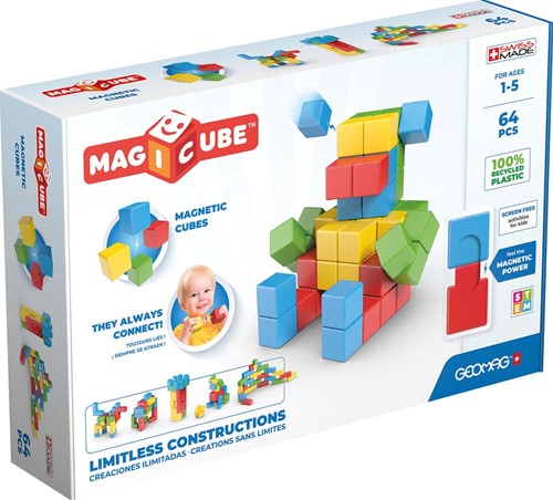 Geomag - Magicube 1+ Full Color - Magnetische Würfel für Kinder - 4 Farben - 64 Blöcke - 100 % recyceltes Plastik
