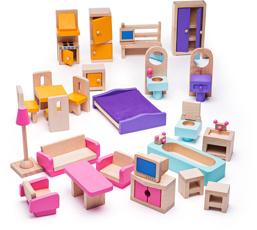 1:12 Puppenhaus-Möbel Set Aus Holz – 5 Räume Komplett Eingerichtet, Inklusive Sofa, Bad & Küche