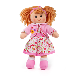 BigJigs Puppe Kelly - Stoffpuppe mit rosa Erdbeerkleid und blonden Haaren
