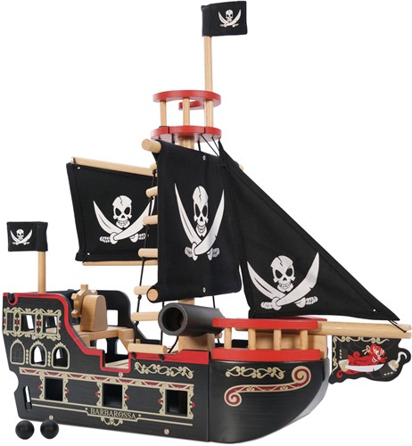 Le Toy Van – Pädagogisches Pirates Collection Piratenschiff „Barbarossa“ aus Holz, mit Kanone, Kanonenkugeln, Planke, Falltür und Anker | Rollenspiel Piratenspielzeug, TV246