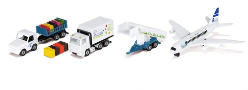 SIKU 6312, Flughafenset, Metall/Kunststoff, Weiß, Inkl. Verkehrsflugzeug, Catering-Fahrzeug, Anhänger mit Fluggasttreppe, Flughafenschlepper, Kofferanhänger und 5m langes Rollfeld-Tape