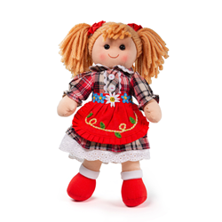 BigJigs Puppe Mandie - weiche Kuschelpuppe mit rotem Kleid - 30cm