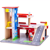 BigJigs Holz Parkgarage Spielzeug mit Aufzug und Zubehör