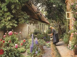 D-Toys Peder Mørk Mønsted - An Old Woman Watering the Flowers Behind a Thatched Farmhouse - 1000 Teile