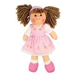 BigJigs Puppe Rose - Stoffpuppe Mädchen mit rosa Kleid und braunen Haaren