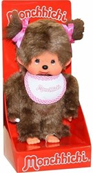Monchhichi Puppe Mädchen Plüsch rosa Lätzchen Zöpfe 20 cm Kuscheltier