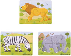 BigJigs Safari Tierpuzzle - Holzspielzeug Puzzle-Set 3x6 Teile
